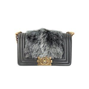 Chanel Small Boy Flap Quilted Goat Hair Gray Leather Shoulder Bag RARE